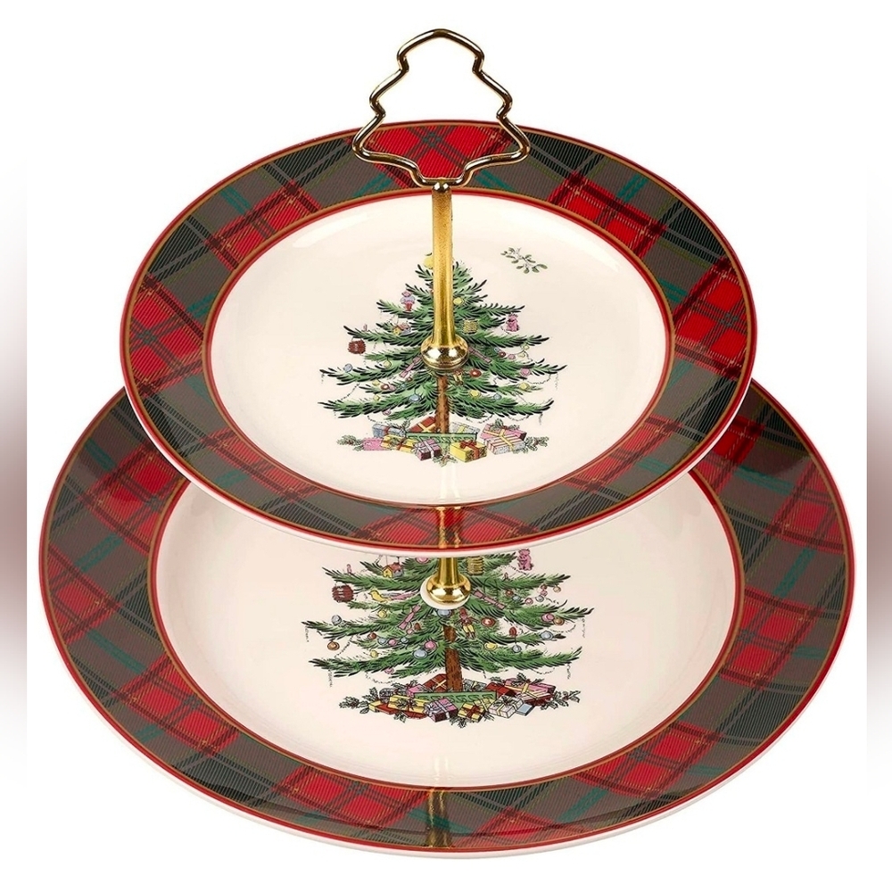 Spode Christmas Tree Tartan 2 Tier Dessert Server- NWOT